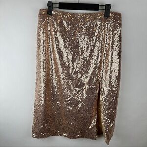 NWT Petite Metallic Gold Embroidered Sequin Midi Skirt with Split | US Size 10